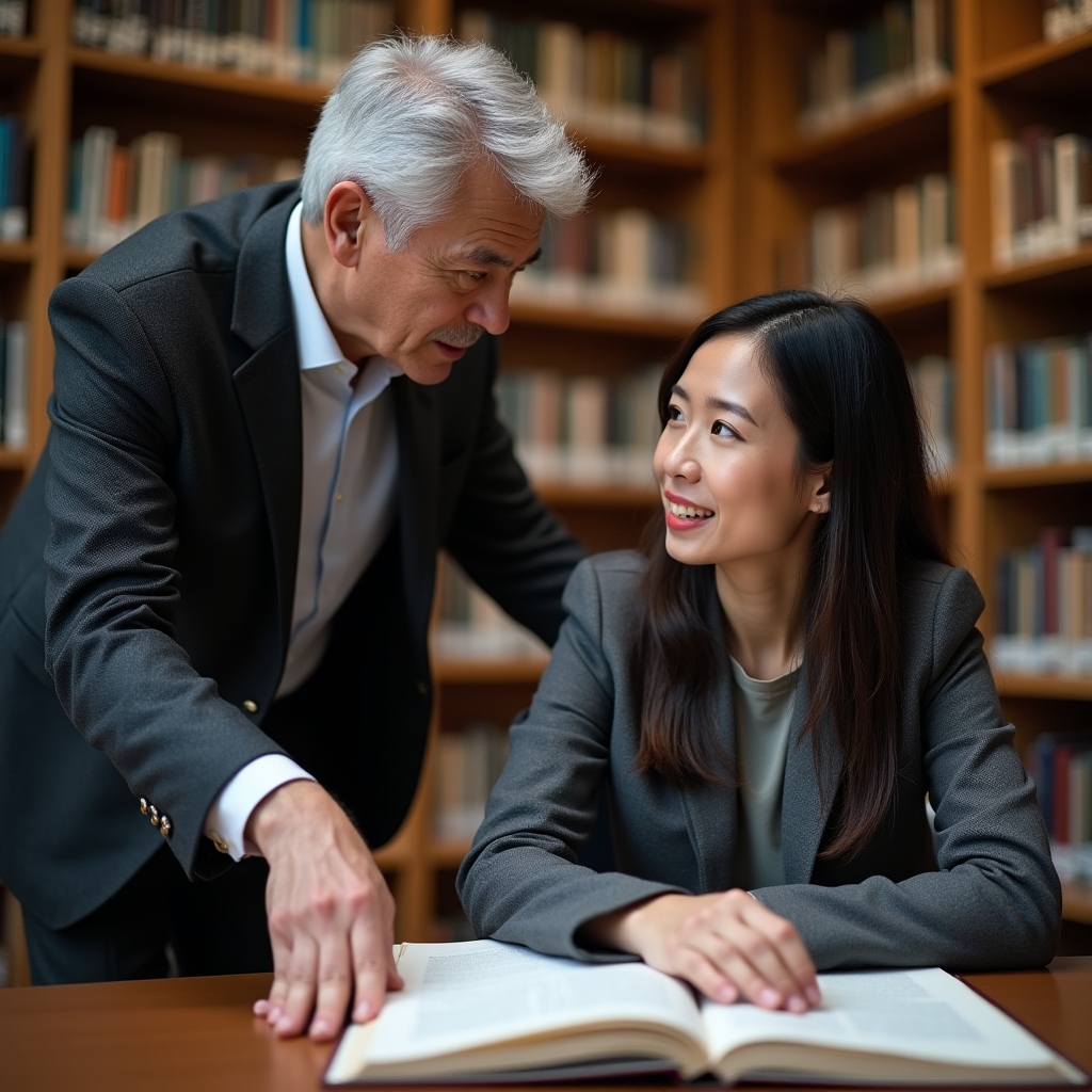 Senior mentor providing guidance to a professional in a library setting